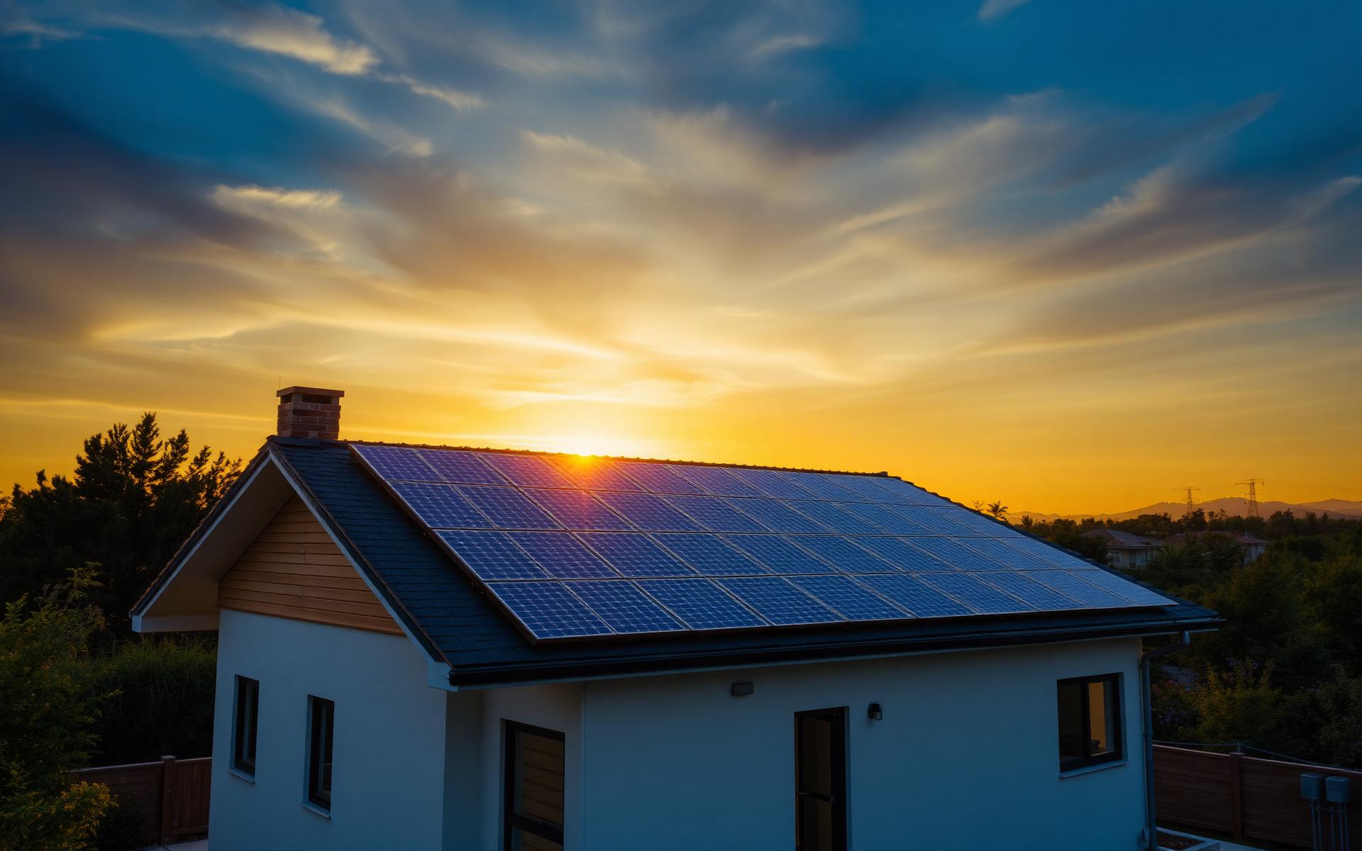 Casa com painéis solares ao pôr do sol